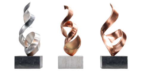Three Modern Abstract Sculptures in Metal Copper and Stone on Transparent