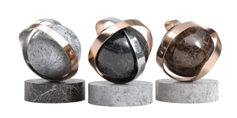Abstract Geometric Marble Spheres with Metallic Rings on Marble Pedestals