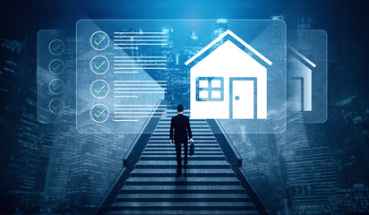 A business professional ascends stairs toward a futuristic digital house overlay, representing progress and opportunities in the real estate industry. Gantry