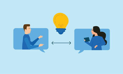 business colleagues exchanging lightbulb idea through chat bubbles symbolizing communication collaboration teamwork and creative discussion process