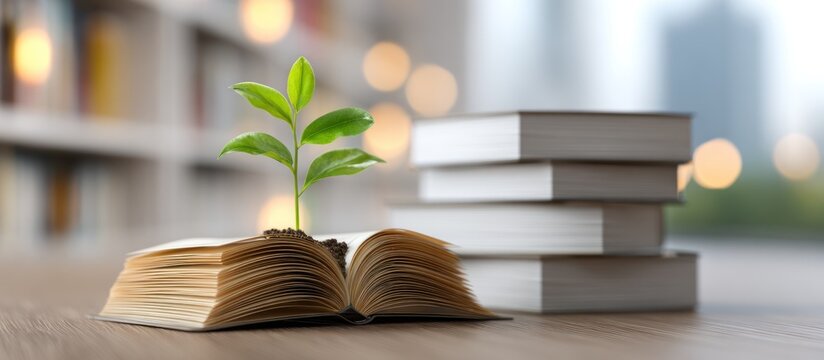 Young plant growing from open book on wooden table with stack of books - Powered by Adobe