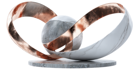 Abstract Sculpture with Marble Sphere and Copper Ribbon on Transparent Backdrop