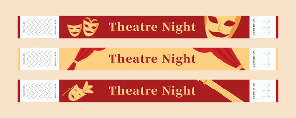 Set of vintage theater wristbands with theatrical masks curtains columns chairs and classic architecture elements