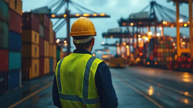 Workers at a shipping yard observe loading and unloading of containers at dusk