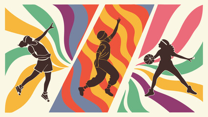 Diverse Athletes Silhouettes Playing Sports Against Vibrant Retro Wavy Background for Fitness Promotion Design