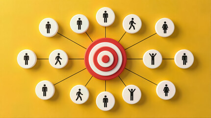 Target audience connection concept with diverse people icons linked to central bullseye on yellow background