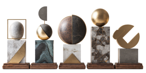 Modern Decorative Stone Spheres on Wooden Base Ornament Set