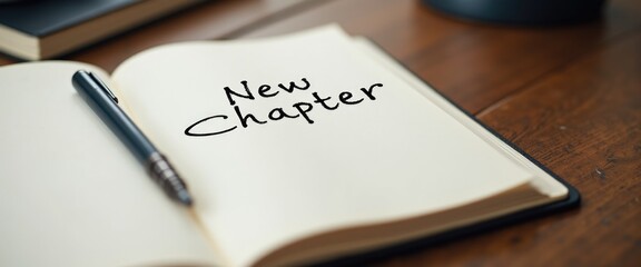 Open blank journal titled New Chapter with resting pen, fresh start and future story waiting to be written