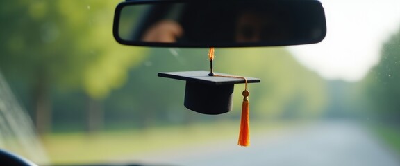 Graduation cap tassel hanging on rearview mirror, academic achievement after health struggle and moving forward
