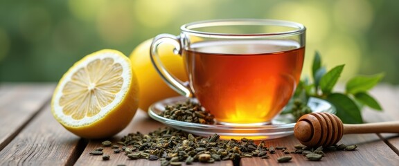 Herbal tea pot with honey dipper and lemon slices, soothing daily healing ritual and natural remedy comfort