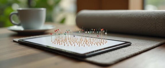 Acupuncture mat rolled out beside meditation app on tablet, holistic pain management and modern mindfulness integration