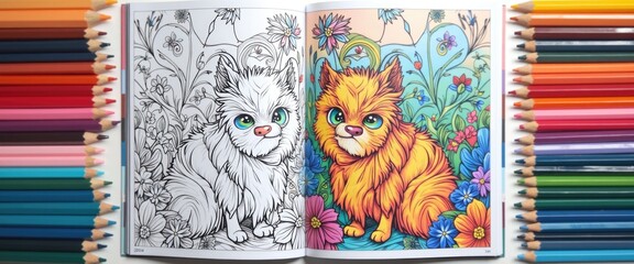 Adult coloring book with pencils organized by hue, mindful distraction therapy and creative focus outlet