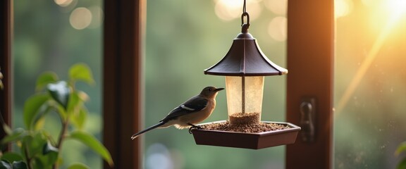 Bird feeder outside window, gentle outdoor connection and peaceful observation therapy