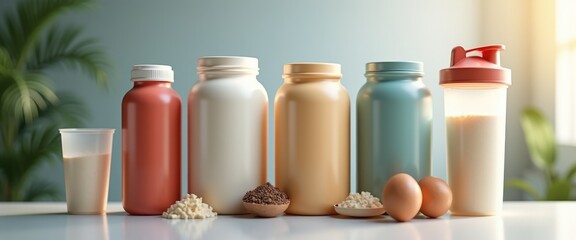 Protein powder jars and shaker bottles lined neatly, muscle recovery system and strength rebuilding dedication