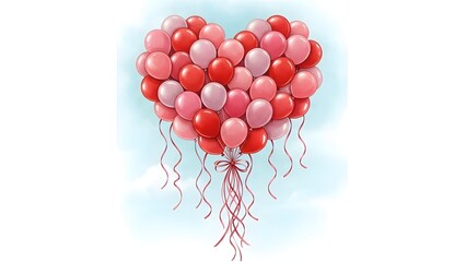 A beautiful illustration depicting a large bouquet of red and pink balloons artistically shaped like a heart floating gently against a soft light blue sky background.