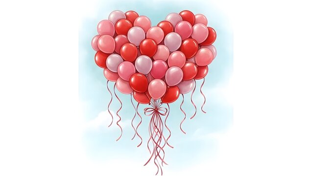 A beautiful illustration depicting a large bouquet of red and pink balloons artistically shaped like a heart floating gently against a soft light blue sky background. - Powered by Adobe