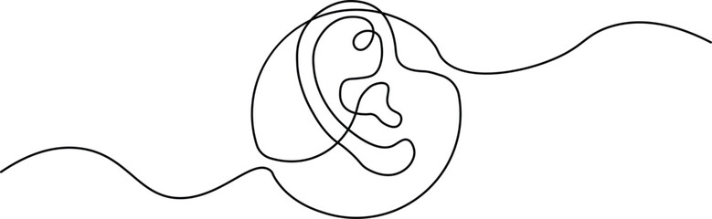 Continuous one-line drawing of an ear inside a circle. Minimalist medical symbol for hearing and audiology. Simple black line art on a white background.