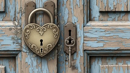 Ornate heart shaped vintage padlock secured firmly upon distressed wooden door with an antique skeleton key resting beside its keyhole symbolizing lost or secret love.