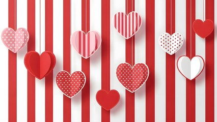 Assortment of colorful paper cutout hearts featuring polka dots and stripes dangling against a vibrant red and white vertical striped background pattern.