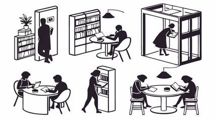 Library Users Reading Studying Working in Modern Book Stacks Study Pods for Education Research and Learning Atmosphere
