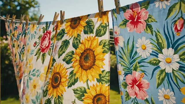Colorful floral patterned fabrics, including cheerful sunflowers and vibrant hibiscus, gently drying on a clothesline in a sunny garden, highlighting beautiful textile designs