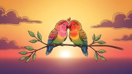 Two adorable cartoon lovebirds perched sweetly upon a leafy branch against a vibrant sunset sky illustrating deep affection and companionship.