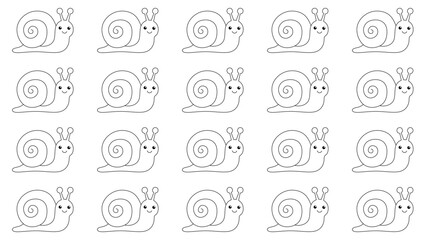 Seamless pattern of cute cartoon snails. Seamless pattern of snail character in hand drawn style. Black and white line art vector illustration for coloring book page, textile, or wrapping paper. © Nurr2001