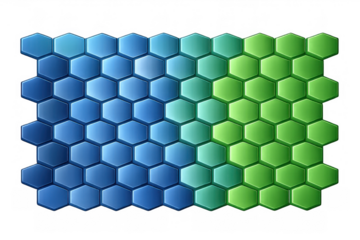 Hexagonal pattern tile background in blue and green gradient creating abstract geometric honeycomb texture with transparent background