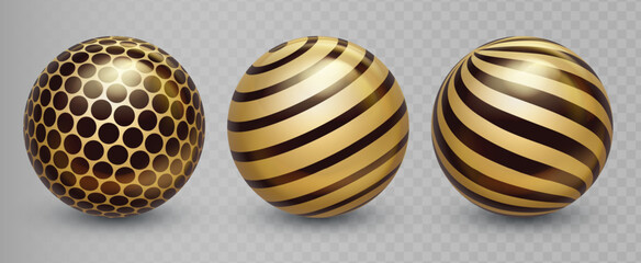Abstract golden ball set with glossy metallic texture and decorative pattern. Gold sphere collection, 3d circle shapes, holiday decorative design elements. Vector illustration