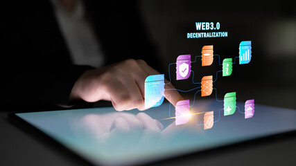 The Web 3.0 decentralization technology ecosystem. A flowchart of interconnected concepts like AI, blockchain, security, and decentralized finance. Motif