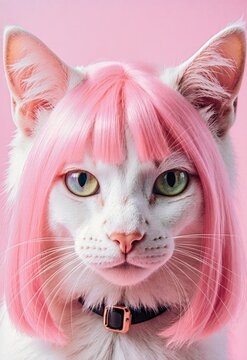 Chat blanc avec perruque rose