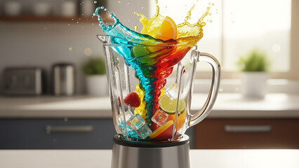 A colorful blender filled with fruit and liquid splashes in a modern kitchen