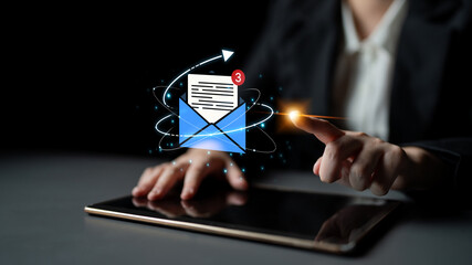 Concept of digital communication and correspondence. Receiving a new message or notification in an email inbox, representing online information exchange and alerts. Fermion