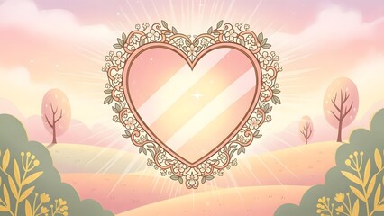 Ornate heart shaped mirror frame adorned with delicate flowers and vines set against a soft pastel landscape bathed in bright divine sunlight