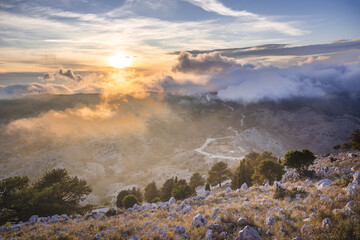 The peak of Pantokrator, the highest mountain of Corfu island in Greece. Autumn sunset.