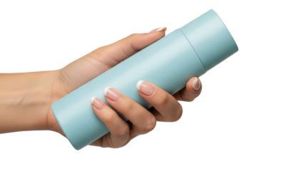 Female hand holding light blue cosmetic tube isolated on transparent background, beauty product packaging