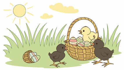 Cute Easter Chicks Discover Colorful Eggs in Sunny Spring Grass for Holiday Greeting Card Design