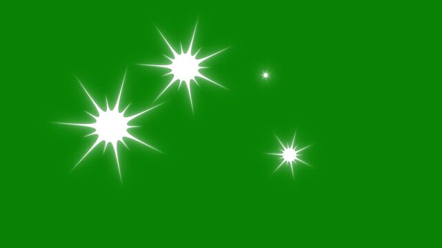 twinkling star motion graphics, looped shimmering light effect, flat vector doodle sparkle,  Star light effect, shiny Optical flare light with sparkle rays rotating on green screen background.4k