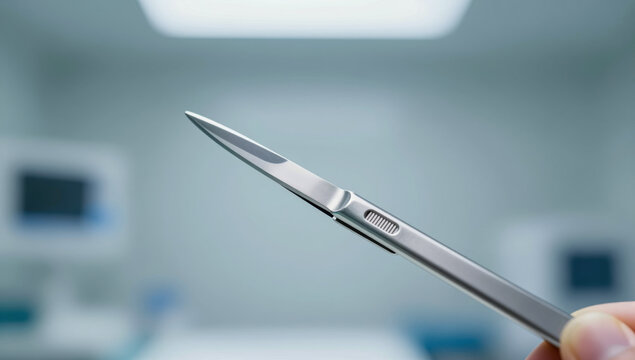 Surgical scalpel blade close up medical equipment surgery healthcare professional background copy space hospital clinic operation doctor instrument steel - Powered by Adobe