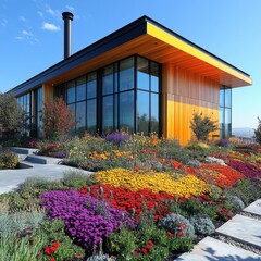 Modern building with vibrant flower garden.