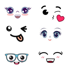 Set of cartoon faces showing different emotions, expressions, moods, reactions, and playful character feelings.