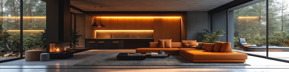 Modern living room with orange sectional sofa, fireplace, and large windows overlooking a garden.
