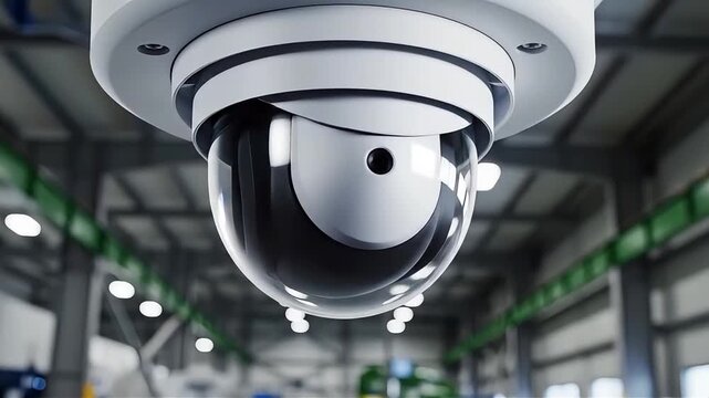 Close up of white security camera rotating and scanning area in modern industrial warehouse factory building