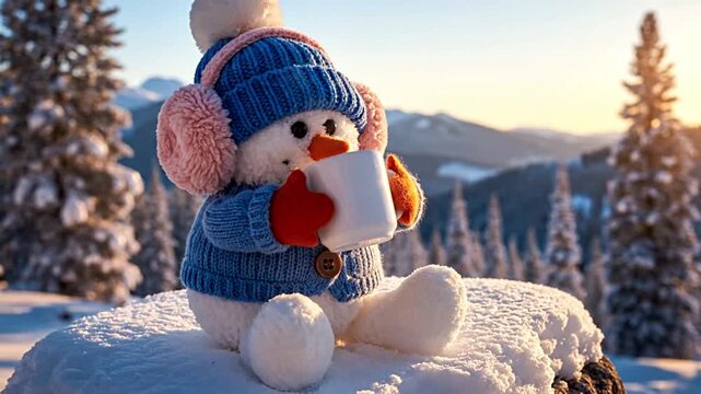 A cute snowman in a blue sweater and earmuffs holding a steaming cup of hot chocolate in a snowy mountain landscape