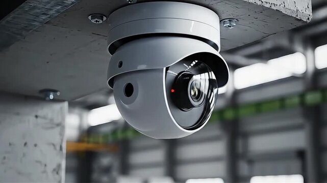 High tech video surveillance lens camera recording footage for safety control in large warehouse distribution center. outdoor and indoor