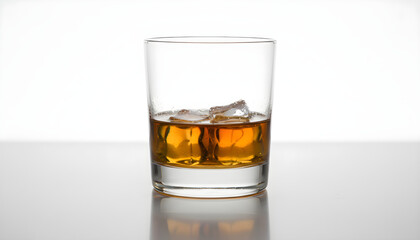 Whiskey glass with ice cubes on white background