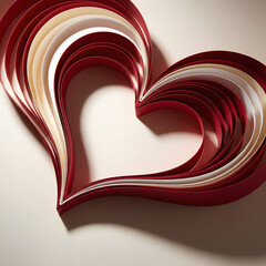 Abstract red and white paper heart background, layered ribbon quilling art, creative 3d craft love symbol for valentine day, romance, wedding concept, minimal textured wallpaper, for banner, greeting.