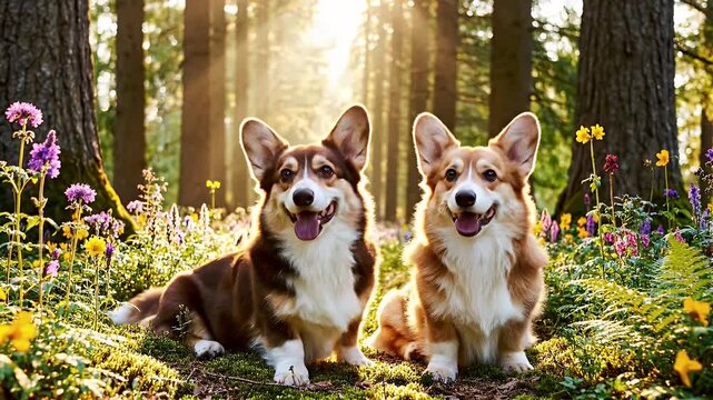 Two adorable corgis sitting together in a sun-drenched forest amidst wildflowers