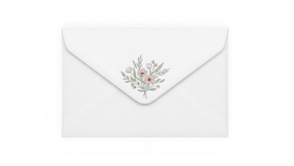 Elegant white envelope with floral design isolated on transparent background