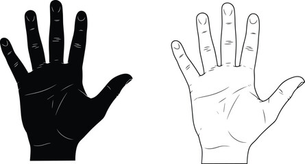 Obraz premium Open human hand palm illustration showing solid and outline gesture icons, stop, greeting and body language concept vector isolatedWeb